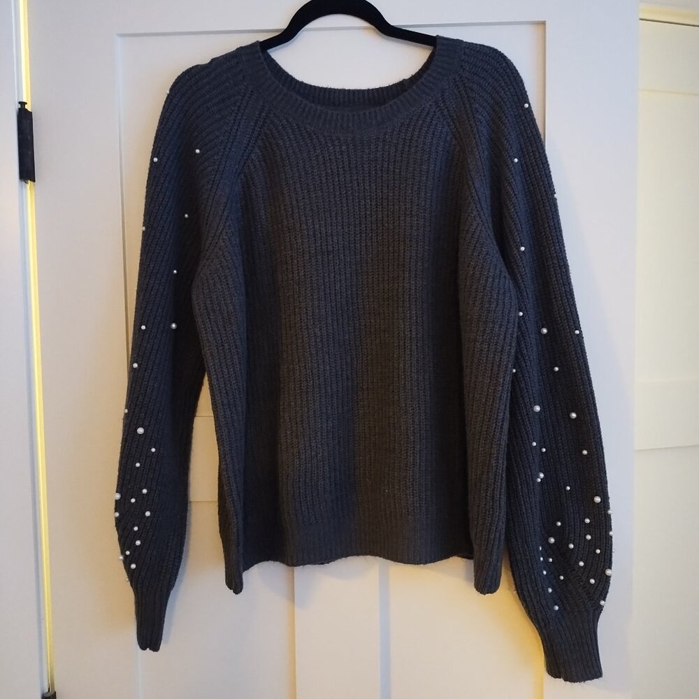 Black Tape_ Charcoal Gray Knit Sweater With White Pearl Beads on Sleeves